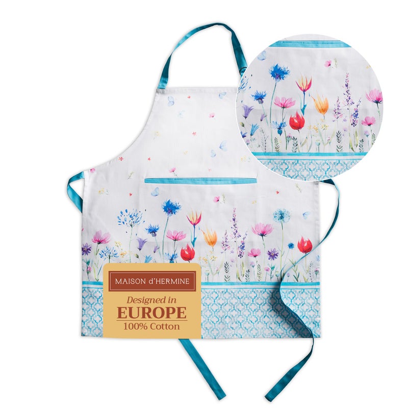 Maison d' Hermine Apron for women with Pocket 100% Cotton 27.50"x31.50" 1 Piece Adjustable Neck Strap & long ties Apron Men, Chef, Wedding, Cooking, Gardening Spring/Summer (Flower In The Field) - Image 1